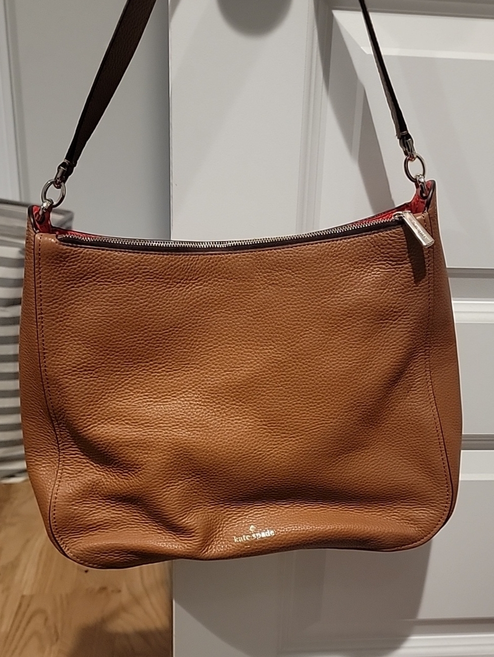 kate spade Brown Pebbled Leather Hobo Shoulder Bag with Coral Trim - Picture 6 of 15
